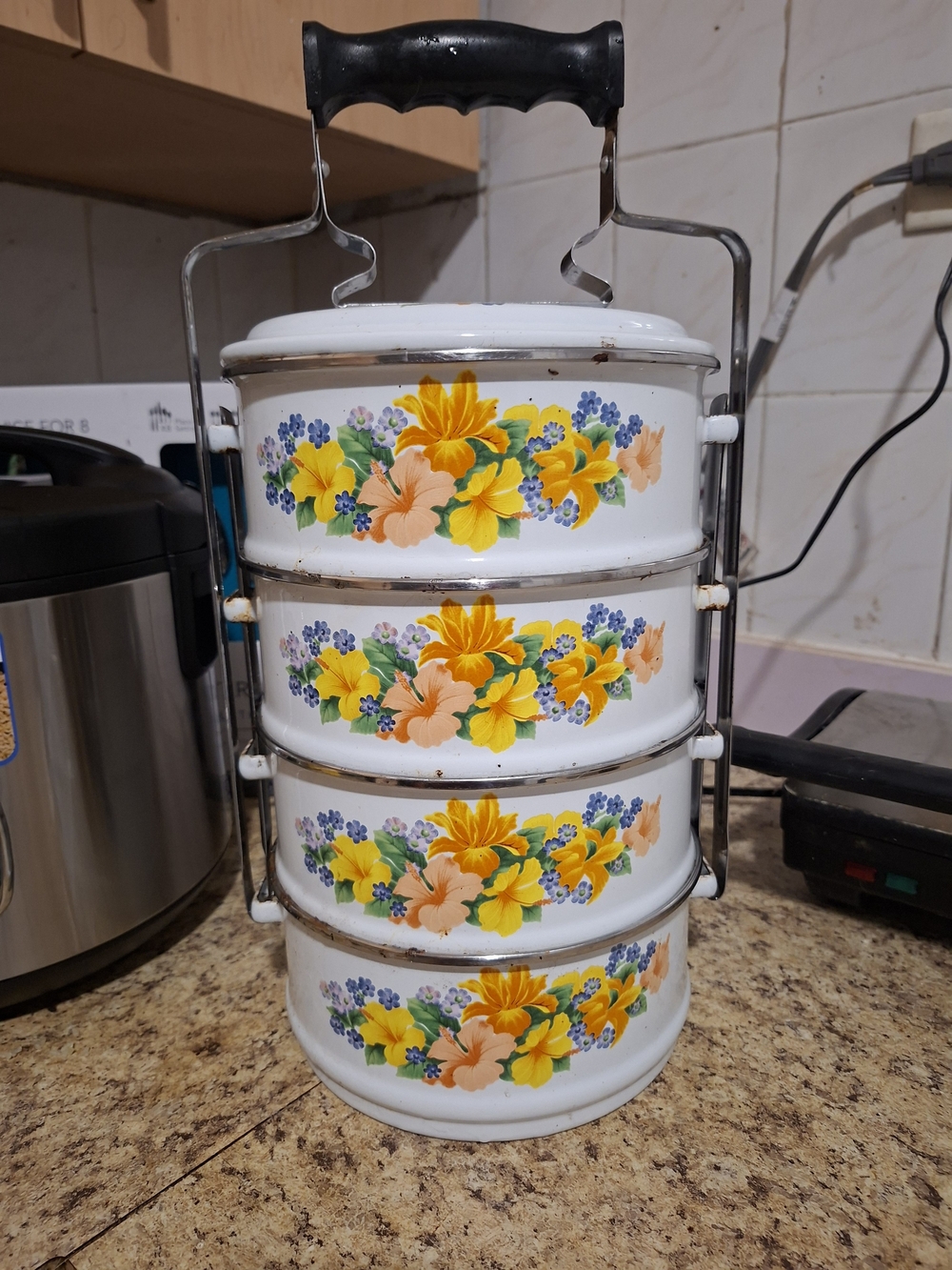 Stackable White Floral Tiffin Carrier - 4-Tier